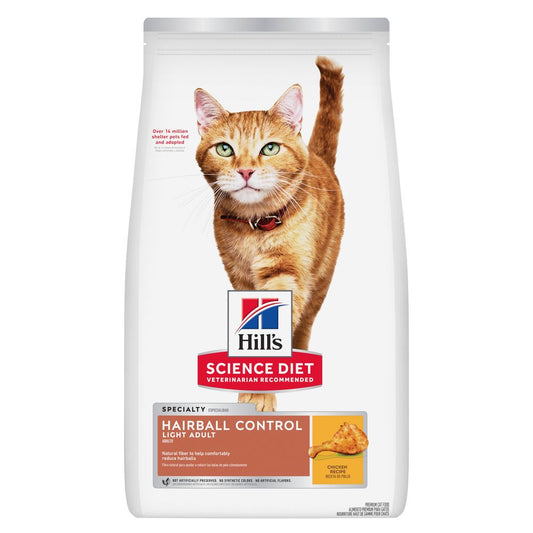 Hills Science Diet Hairball Control cat food bag with a cat on the label against a white background